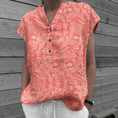 2026 Retro Patchwork Cotton Linen Shirt Women's Casual V-Neck Button-Down Short Sleeve Solid Color Top Versatile Cotton Linen Breathable