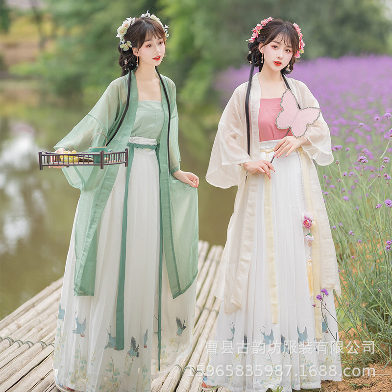 Chuyue Hanfu for Women, Chinese Style Song Dynasty Style Changgan Temple Half-Sleeve Waist-Length Pleated Skirt, Ancient Costume for Summer, Zen-Inspired, Silk, Flowing and Elegant