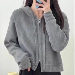秋冬2025新款韩版双头拉链连帽毛衣女短款小个子气质长袖上衣外套