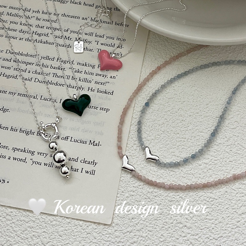 韓國東大門項鍊飾品 S925純銀圓珠愛心形項鍊 小眾設計高級組合款