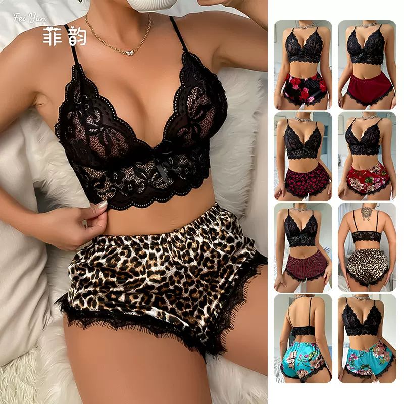 欧美豹纹多色情趣内衣性感套装蕾丝吊带花纹短裤魅力仿真丝095