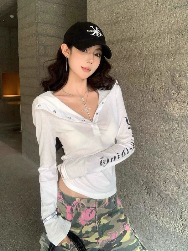 美式街头连帽长袖t恤女夏季薄款朋克防晒罩衫修身显瘦黑色上衣tee|undefined