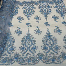 New arrival蓝色洒金绣花面料 立体花朵婚纱礼服蕾丝布料重工刺绣