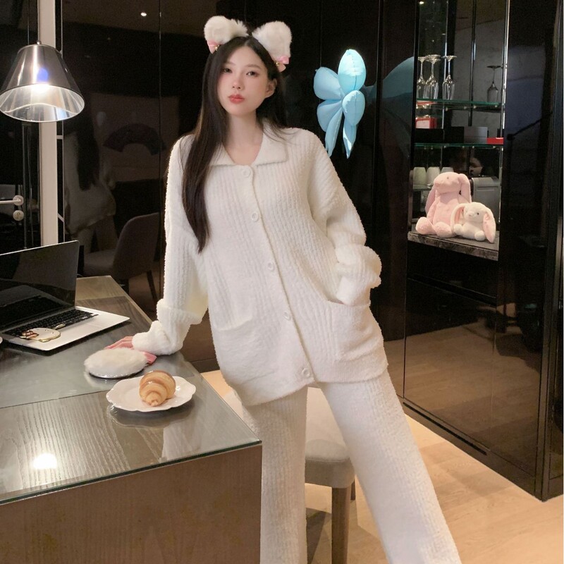 冬季半边绒家居服开衫月子服秋冬加绒保暖家居服简约新款睡衣女|undefined