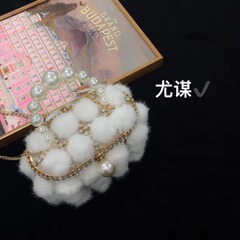 Metal pearl water sable fur fluffy vegetable basket water bucket bag party sparkling water diamond fur birdcage handheld crossbody bag