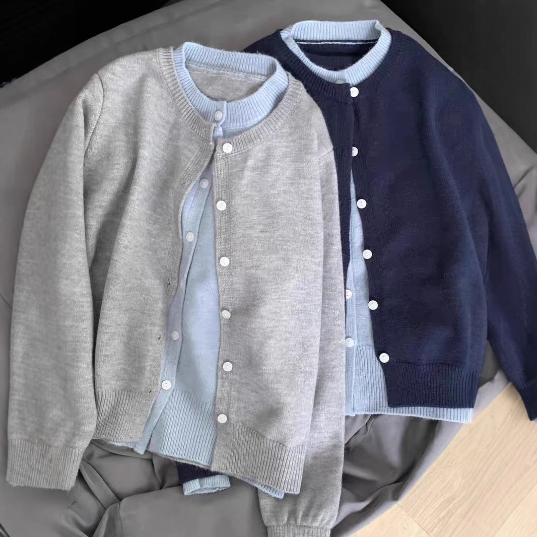 Korean Style Soft and Waxy Stitching Contrasting Fake Two-Piece Gray Knitted Cardigan Jacket for Women Autum Casual Outer Sweater Top