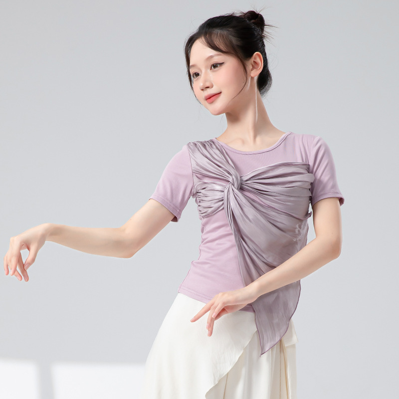 古典舞蹈服女新款短袖交叉扭花中国风练功服飘逸现代舞演出服上衣|undefined