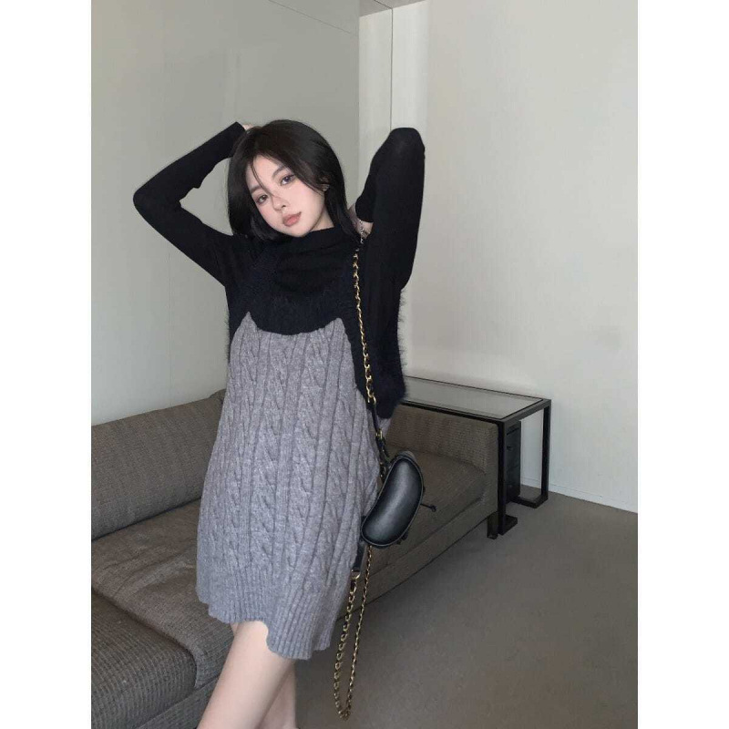 싱글 | 세트 겨울 바느질 느슨한 니트 슬링 원피스 터틀넥 슬림 핏 슬리밍 니트베이스 셔츠 탑