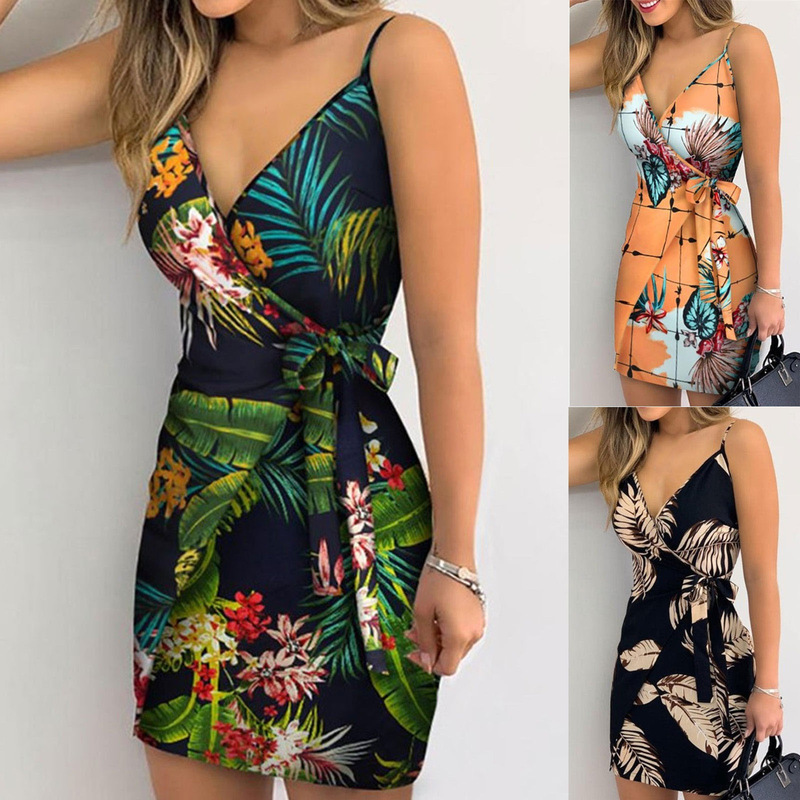 2024 Summer new wish Amazon AliExpress V-neck printed lace-up wrap sexy dress female in stock