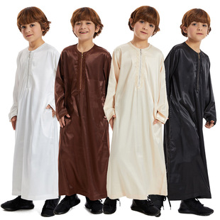 In-Stock Middle Eastern Arabian Teenage Boys' Robes Dubai Hui Ethnic Clothing Zipper Style Solid Color Long Shirt Large