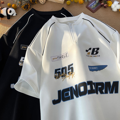 Half-zip short-sleeve polo shirt for men, summer loose American retro t-shirt, niche trendy brand, fashion pure cotton seven-quarter sleeve