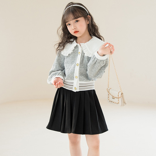 Girls Suits Spring and Autumn  New Korean Style Big Children's Fashionable Reverse Collar Airplane Jacket Pleated Skirt