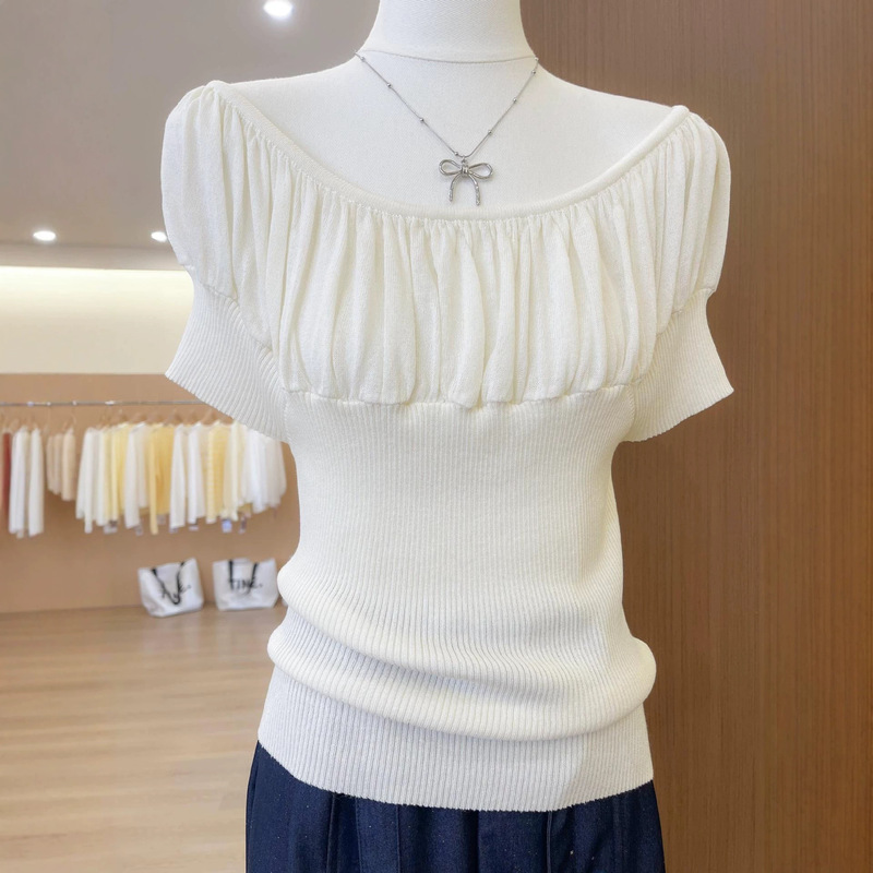 Wool Blend Knit Off-Shoulder Ruched Puff Sleeve T-Shirt for Women, Summer Ribbed Slim-Fit Elegant Top Wool Blend Knit Off-Shoulder Ruched Puff Sleeve T-Shirt for Women, Summer Ribbed Slim-Fit Elegant Top