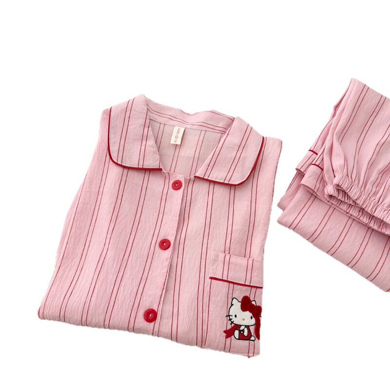 条纹kitty睡衣女春秋长袖长裤云朵棉卡通可爱学生宽松家居服套装|undefined