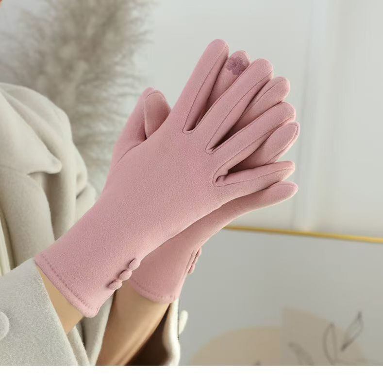 德绒手套女新款2025秋冬保暖骑行防寒触屏韩版女士简约三扣手套|undefined