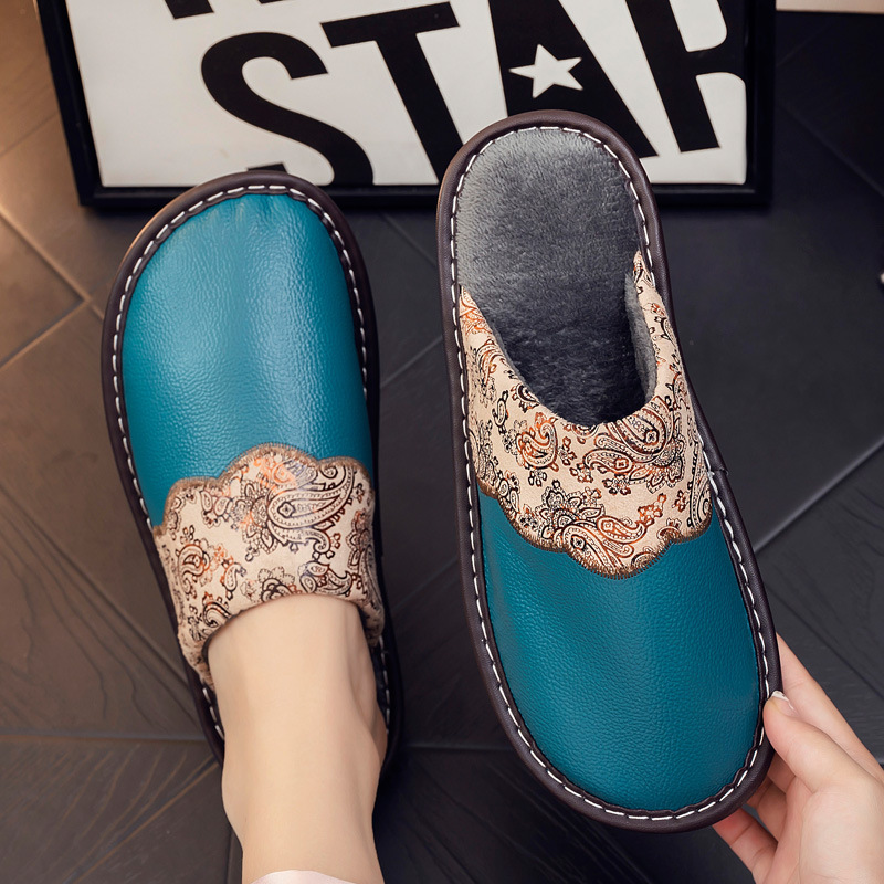Beef Sole Genuine Leather Slippers Home Women's Winter Indoor Warm Non-slip Waterproof Cowhide Embroidered Cotton Slippers Men's Winter