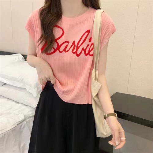 Summer new short style internet celebrity letter top sweater design round neck letter jacquard loose sleeveless top