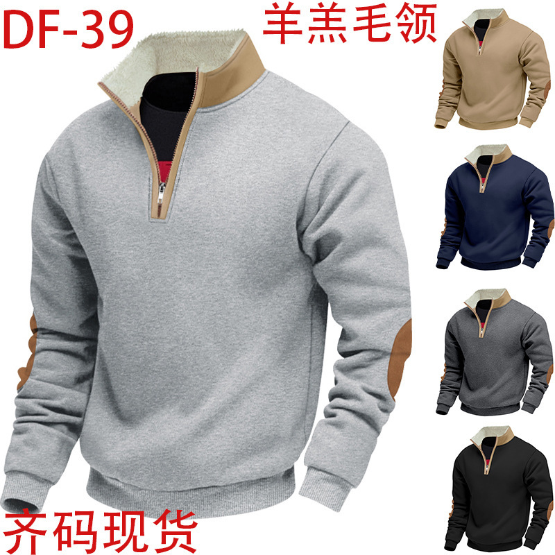 2025 Cross-Border European and American Autumn and Winter Style Lamb Wool Long-Sleeved Men's Sweatshirt with Stand Collar, Embroidery, Patchwork and Fleece Lining
