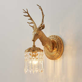 鹿头壁灯奢华复古创意欧式别墅客厅墙壁灯卧室床头灯法式全铜壁灯