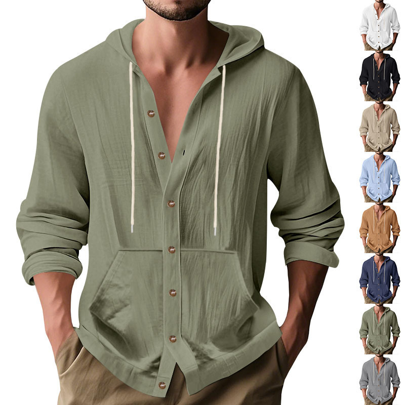 Cross-Border Amazon Spring and Autumn American Loose Men's Loose Linen Casual Simple Beach Hooded Long Sleeve Shirt for Men