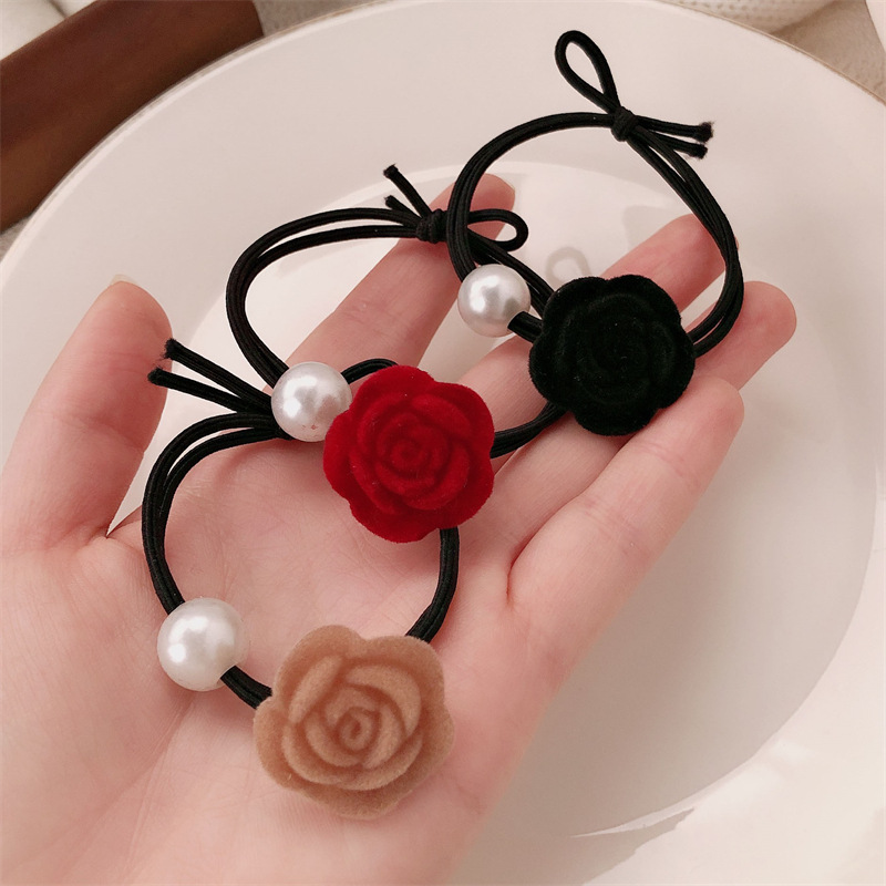 Temperamento francés retro perla flor rosa cuerda para el cabello lazo para el cabello de alta elasticidad cuerda para el cabello de cola de caballo banda de goma accesorios para el cabello femenino