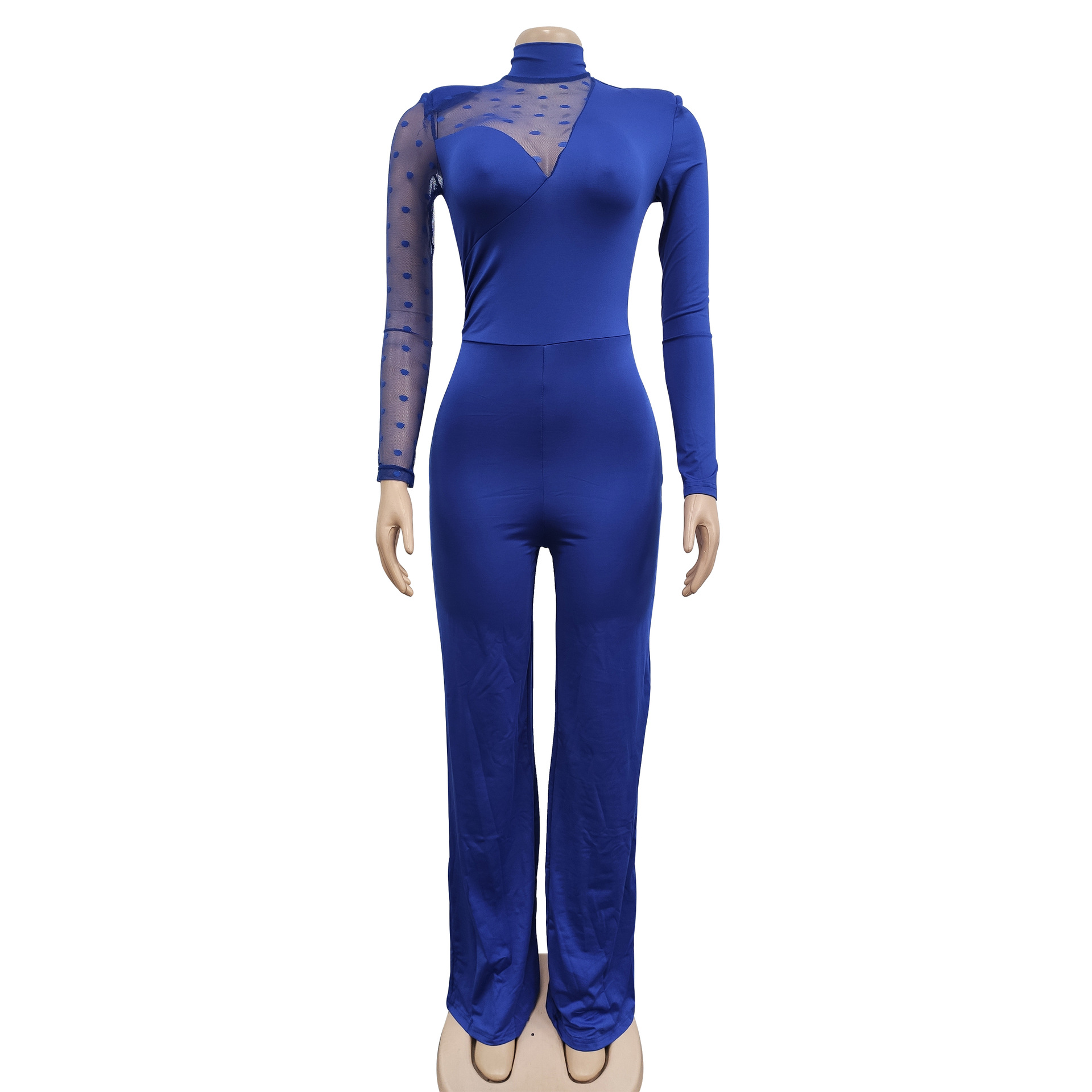 Women's Clothing fashion women's polka dot mesh see-through long-sleeved trousers solid color jumpsuit_voghion.com