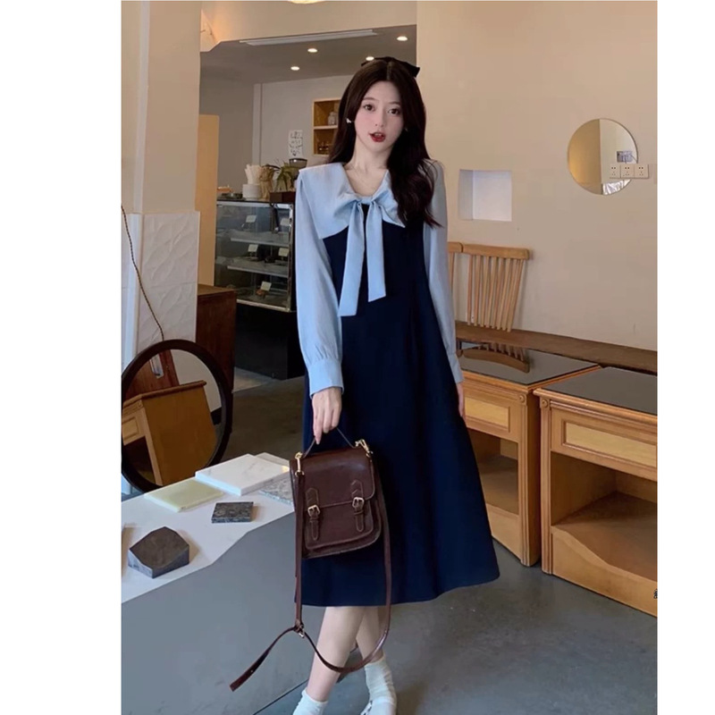 赫本风翻领设计感蝴蝶结长袖连衣裙女早秋新款气质显瘦撞色长裙潮|undefined