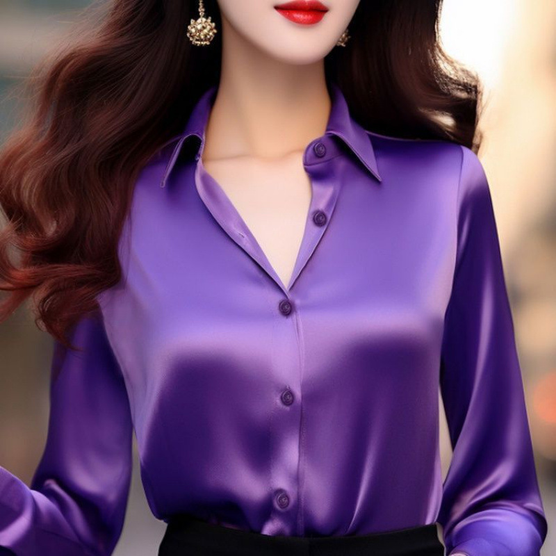 秋季新款高级感职业缎面紫色衬衫女长袖正装时尚通勤气质衬衣白色|undefined