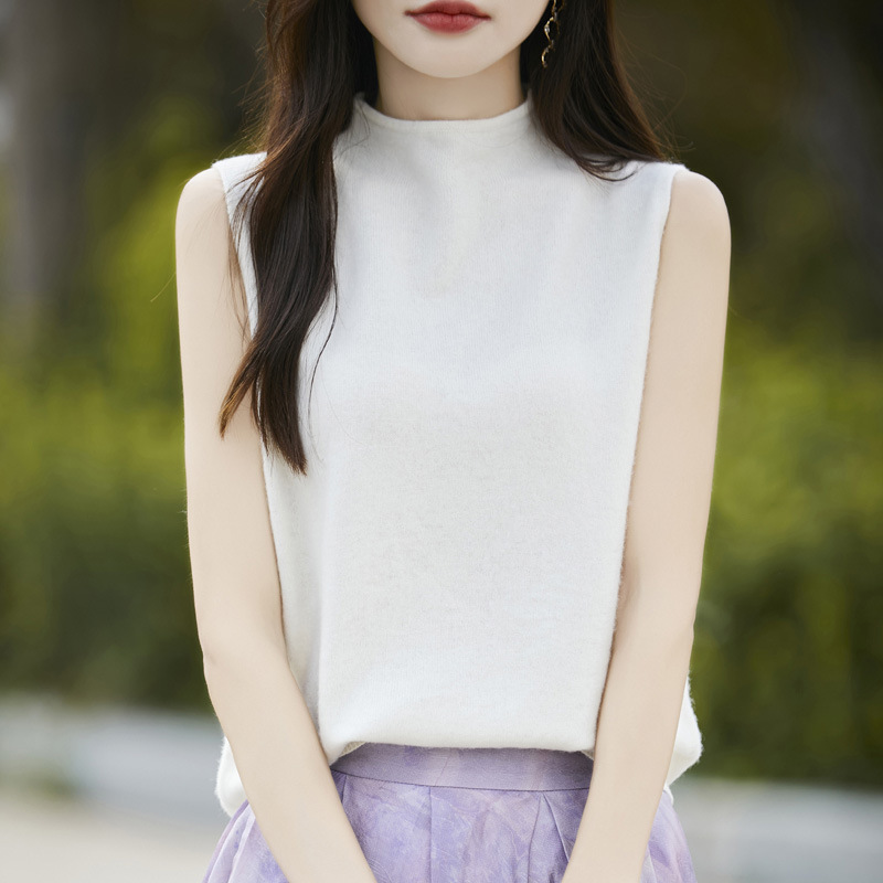 半高领100%纯羊毛背心吊带女卷边宽松毛衣套头内搭百无袖针织打底