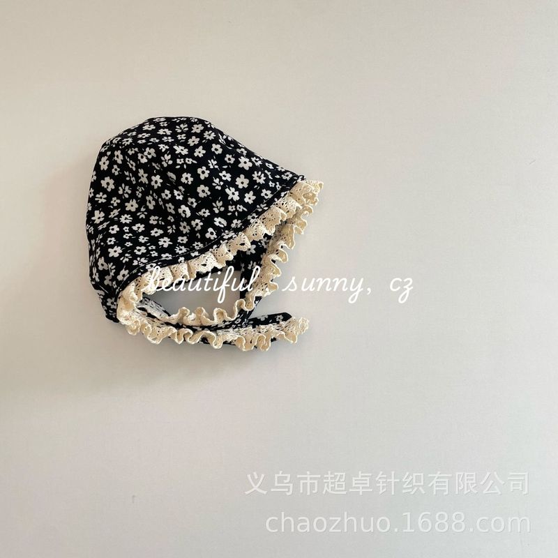 韩范蕾丝边碎花复古花苞盆帽下巴绳子帽儿童渔夫帽|undefined