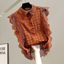 现货 时尚水溶蕾丝拼接镂空刺绣无袖衬衣单排扣宽松棉质上衣潮