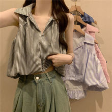 法式短袖条纹衬衫女2024年夏新款设计感韩版衬衣ins风小个子上衣