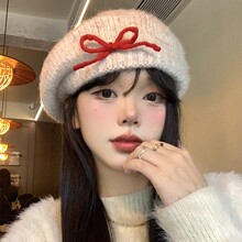 蝴蝶结毛绒针织毛线贝雷帽女秋冬季显脸小画家帽大头围蓓蕾帽子潮