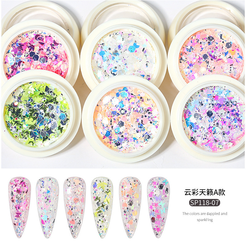 Nuevo set de decoración de uñas con purpurina de 6 colores, purpurina mixta con efecto láser degradado, purpurina para decoración de uñas con efecto ojo de hada