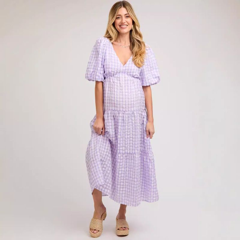 European and American New Fashion Printed Bubble Sleeve Backless Lace-up dress V-neck Casual Loose All-match Maternity Dress European and American New Fashion Printed Bubble Sleeve Backless Lace-up dress V-neck Casual Loose All-match Maternity Dress