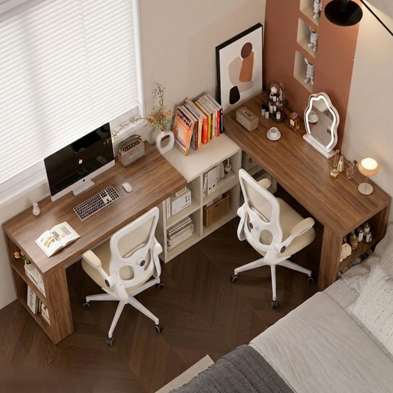 Solid wood double desk for home use, corner dressing table with integrated drawer cabinet, student study desk, bedroom L-shaped computer desk