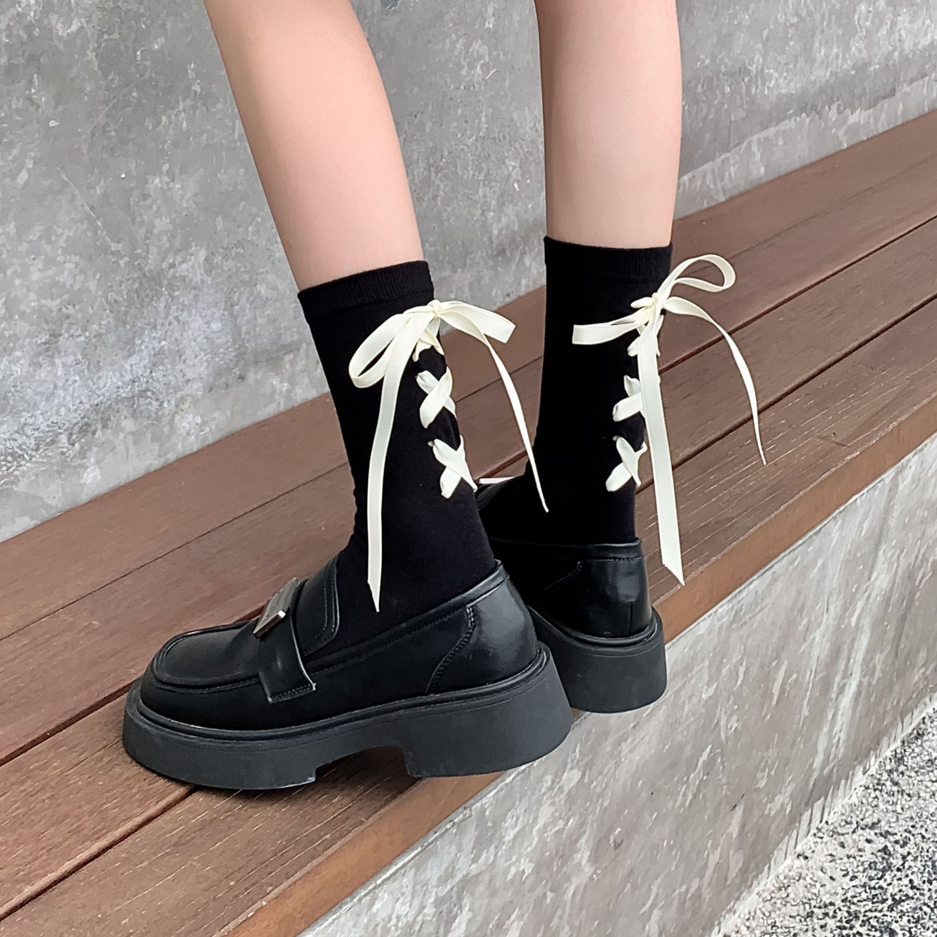 後跟黑白綁帶襪少女蝴蝶結設計款潮襪日系純色中筒襪洛麗塔堆堆襪