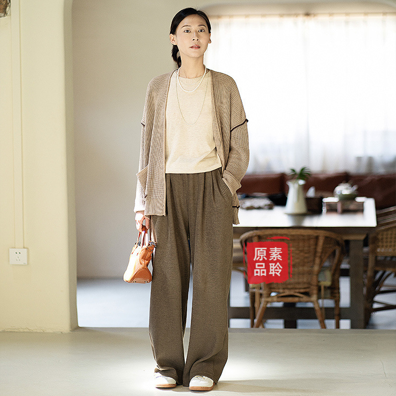 Autumn and Winter jacquard Terry knitted casual pants French artistic lazy Loose Women's elastic waist wide-leg pants S1700