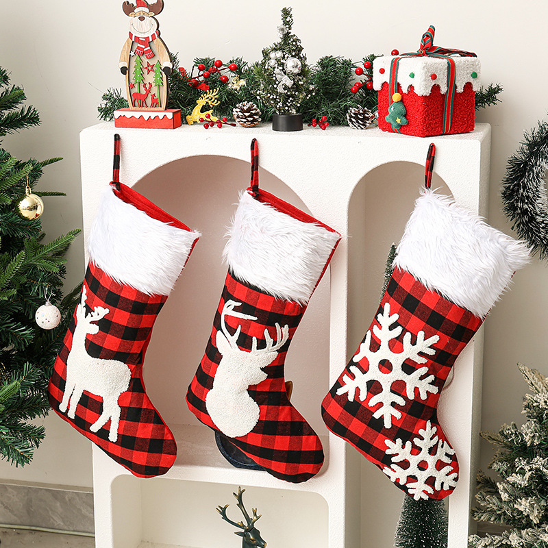 Christmas decorations Christmas socks cross-border red and black plaid snowflake Christmas socks fireplace pendant party decoration
