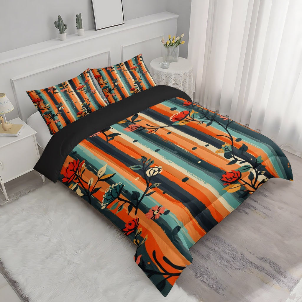 TEMU / JIT transfronterizo multicolor estriado floral HD impresión digital 180gms colcha colcha colchón kit