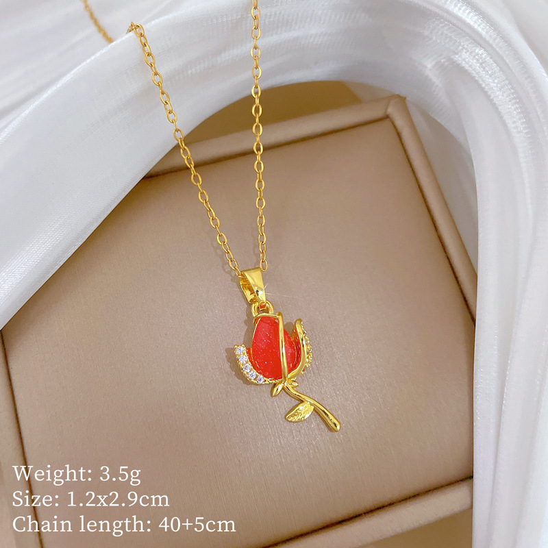 Wunderschöne Rote Rosenhalskette Mit Strass Aus Edelstahl_voghion.com