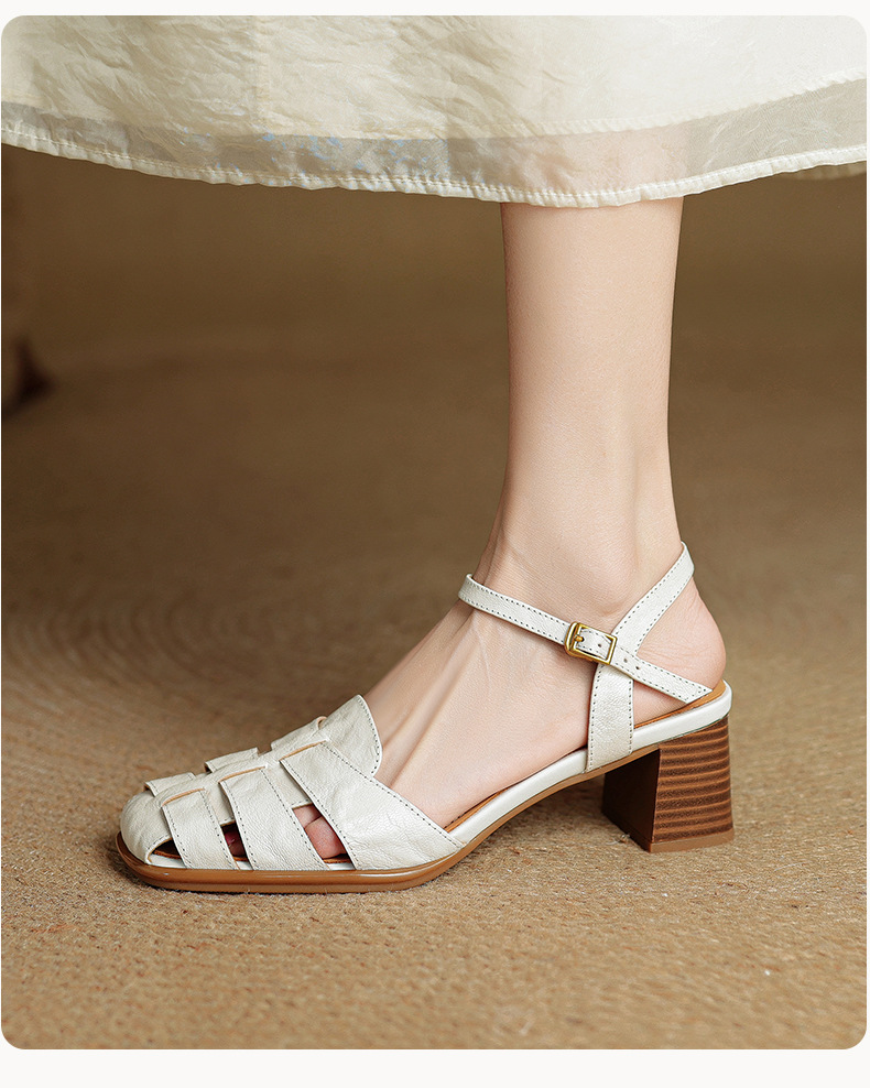 Sandal cao gót nữ quai ngang mũi kín da cừu dệt rỗng phong cách vintage — đen chi tiết 14