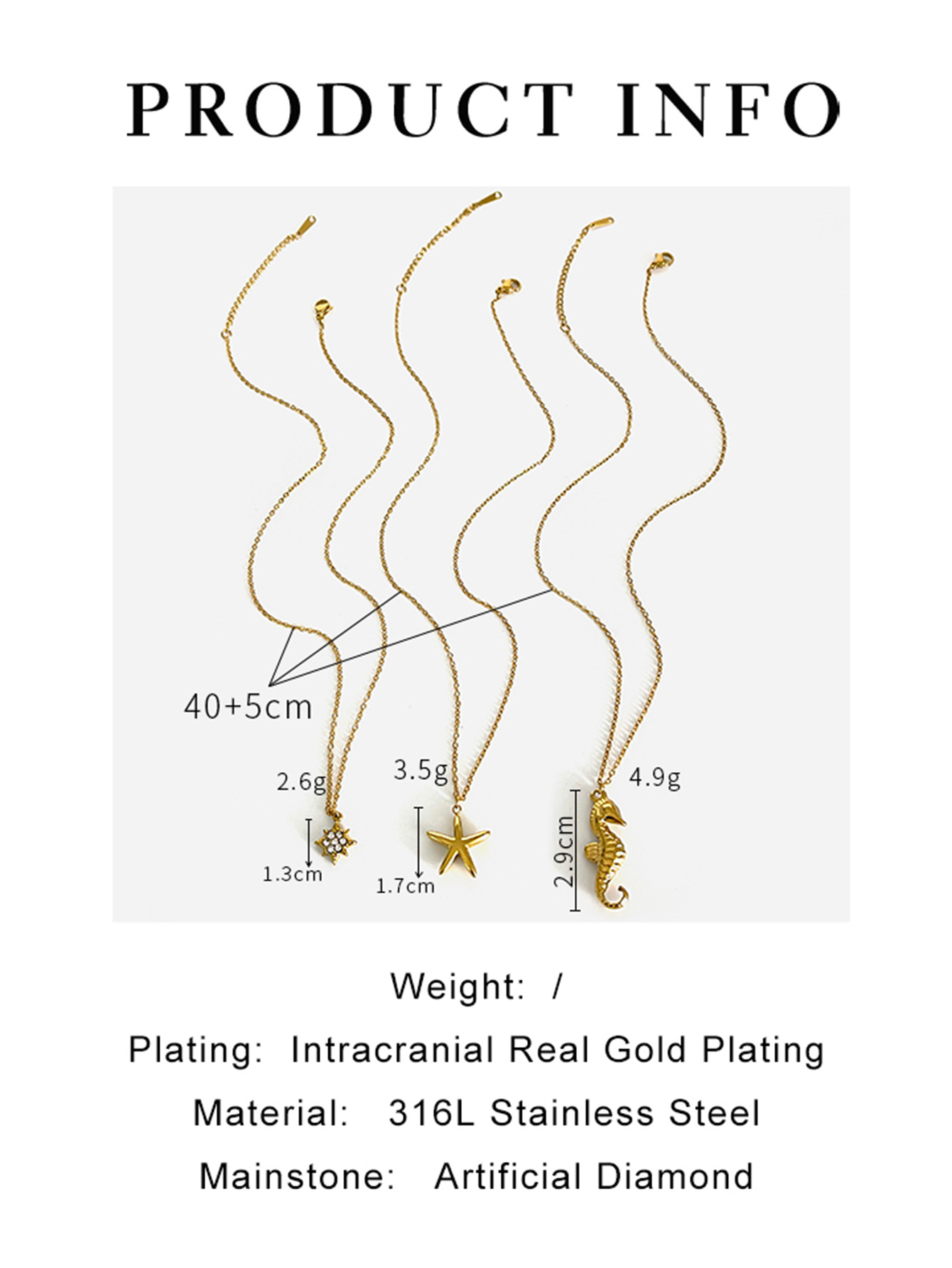 8g Weight 18K Gold Plated 316L Stainless Steel Rhinestones Starfish Hippocampus Waterproof Non Tarnish Surgical Steel IG Style Cable Chain Pendant Necklace For Women's