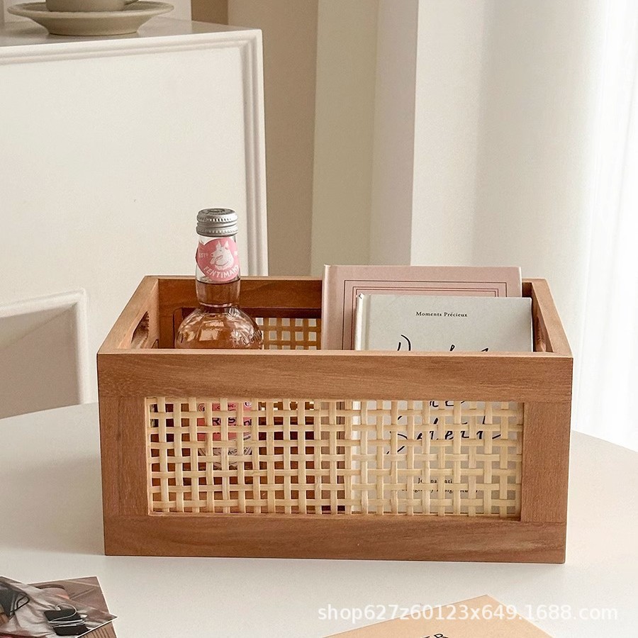 Cesta de almacenamiento de bambú hecha a mano retro de estilo japonés, caja de almacenamiento de escritorio, hogar, sala de estar, libro, bocadillos, marco de almacenamiento de artículos diversos