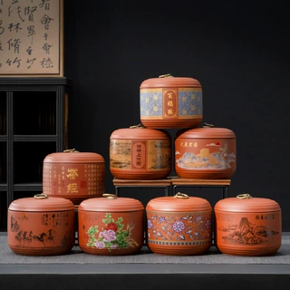 红泥紫砂茶叶罐陶瓷密封储存罐清明上河图半斤装绿红茶防潮存茶罐