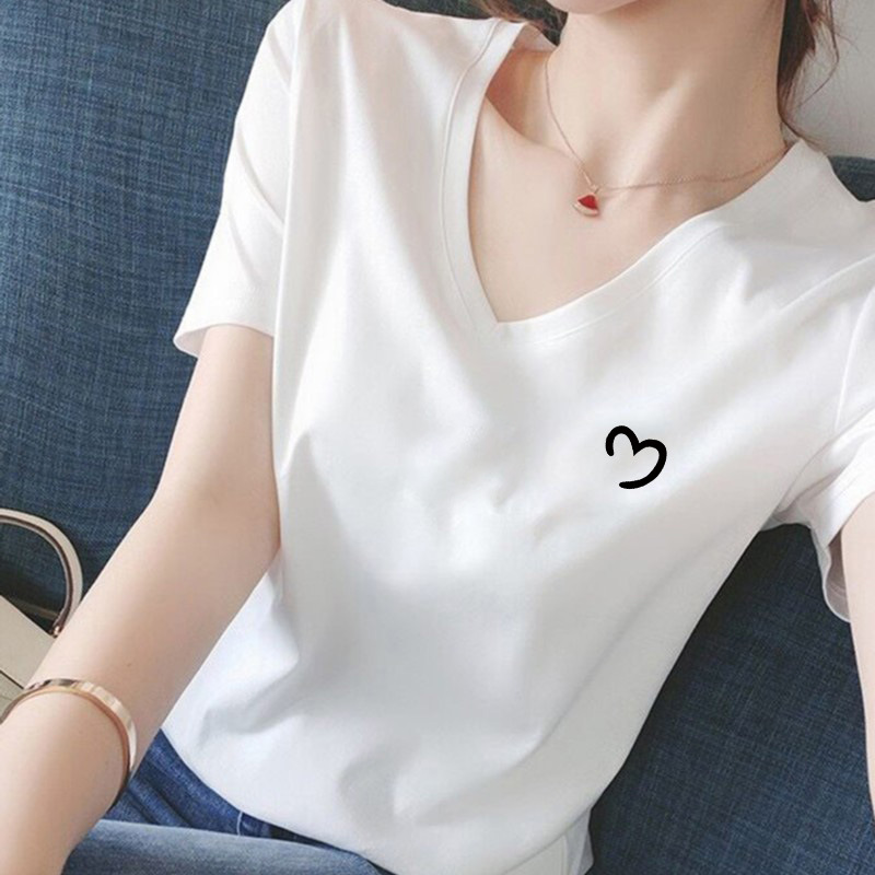 2026 Summer New Pure Cotton V-Neck Regular Shoulder Short-Sleeve T-Shirt for Women, Fashionable Versatile Age-Reducing Slim-Fit White Top