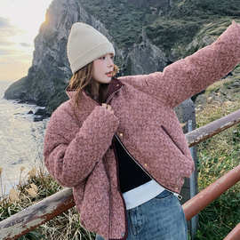 实拍粉色短款格子羽绒服女冬季2026新款小个子学院风甜美面包服减