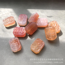 天然绯红盐源玛瑙花牌配饰 双面雕刻花面通孔小方牌挂件DIY配饰