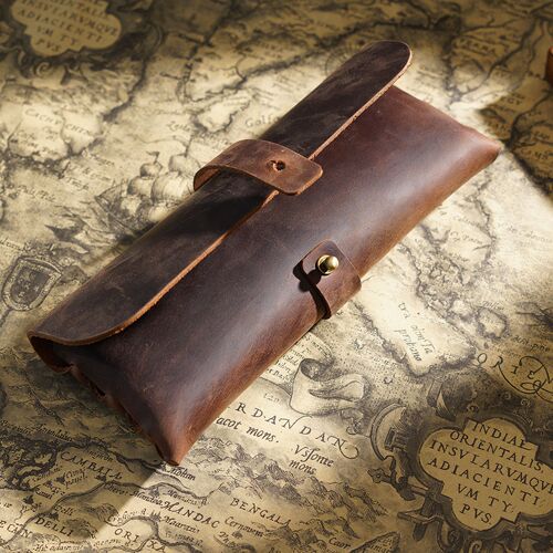 First-layer cowhide vintage Korean-style pencil case, minimalist Instagram-worthy trendy design, large-capacity leather stationery box perfect for Japanese-style elementary and middle school students.