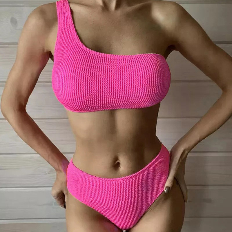 Traje de Baño de Estilo Europeo y Americano Nuevo para Mujer 2024, Bikini de Color Sólido con Estampado de Serpiente, Bikini Sexy de Un Hombro y Cintura Alta al por Mayor